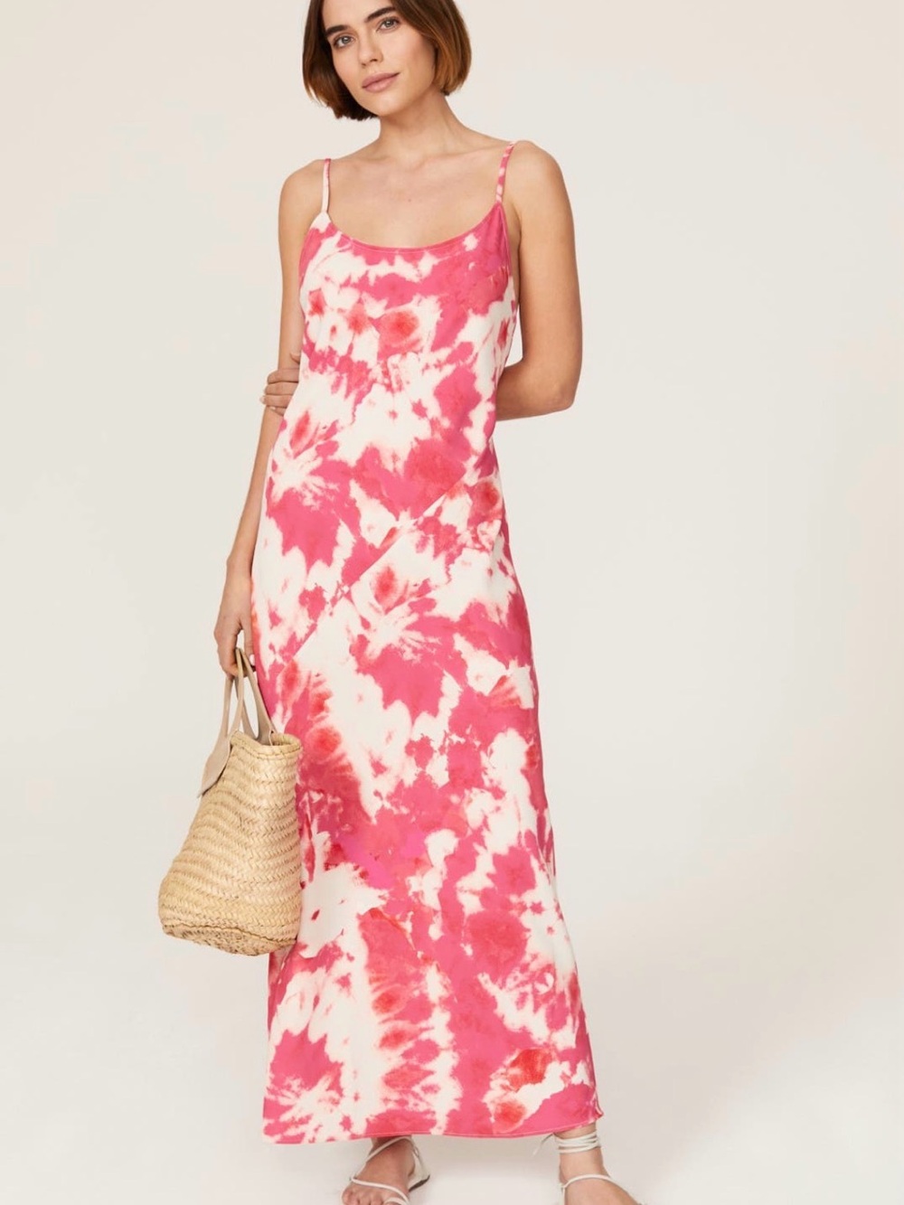 Thakoon Pink and White Tie-Dye Maxi Slip Dress with Spaghetti Straps